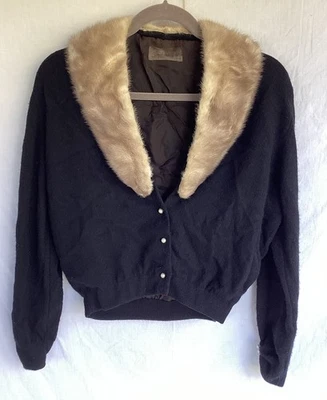Vintage Antique Black CASHMERE Fur Collar Jacket Sweater Vest Cardigan - Image 1 of 4