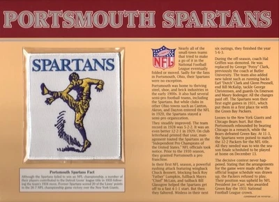 PORTSMOUTH SPARTANS ~ Willabee & Ward ~ NFL GOLDEN AGE FOOTBALL TEAM PATCH CARD - Image 1 of 2