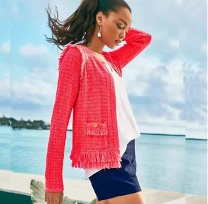 Lilly Pulitzer Simora  Spicy Coral Fringe Tweed Jacket ~ Sz-XS~ AMAZING - Picture 1 of 10