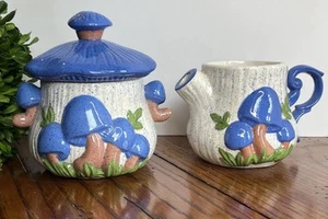 Vintage Ceramic Rare Blue MUSHROOM Sugar Bowl with Lid & Creamer Arnel’s - Picture 1 of 21