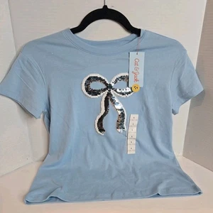 Cat & Jack Girls Size L (10 - 12) Dusty Blue Sequin Bow Top, T-Shirt - Picture 1 of 5