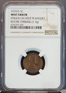 1974 D LINCOLN CENT 1C NGC MINT ERROR STRUCK ON SPLIT PLANCHET BEFORE STRIKING - Picture 1 of 3