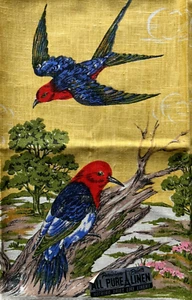 NEW Vintage PARISIAN PRINT Pure LINEN kitchen Tea Towel Woodpecker Birds Yellos - Imagen 1 de 5