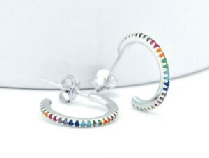 925 Sterling Silver Round Cut Sapphire MultiColor Rainbow Circle Hoop Earrings