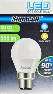 Supacell LED Bulb, Opal, Warm White, G45, B22, 5 watt= 40w, 550lm, FREE POSTAGE - Picture 1 of 2