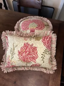 3 Pillow Rose Tree Summerton Jacobean Floral Plaid Fringe Checker Green Designer - Picture 1 of 16
