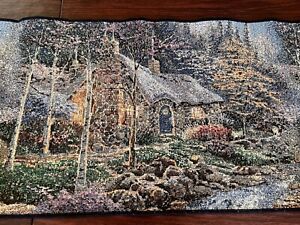 Thomas Kinkade Tapestry Tablerunner Stone Cottage in Woods Stream 68” x 12”