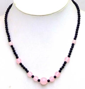 6-12mm Pink Jade Pendant Necklace for Women with 4mm Black Agate Chokers 18" - Picture 1 of 6