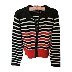 Vintage Spin Z Cardigan Full Zip Sweater Size Medium Black-Red-White Striped - Picture 1 of 10