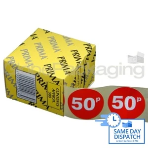Roll of 500 " 50p " Red Price Labels Self Adhesive Stickers QUALITY 45mm PRIMA - Picture 1 of 5
