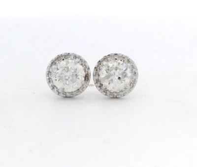 14k White Gold 1.50ctw Round Brilliant Cut Diamond Stud Halo Earrings H/I2 - Image 1 of 4