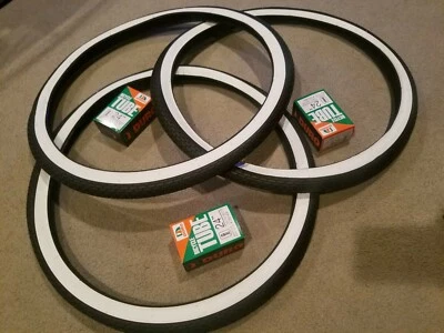 (3)- 24X1&3/4"BICYCLE TIRES,TUBULAR S-7 WHITEWALL BRICK PATTERN,VINTAGE SCHWINNS - Image 1 of 4
