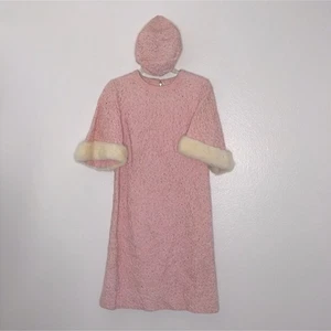 Vintage 50's 60' Penn Fifth Ave Pink Textured Weaved Short Sleeve Fur Trim Dress - Picture 1 of 11