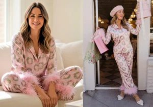 Pigiama Ivy City Co 1X Corona Rosa Raso Vacanze Natale Piuma Bordo Glam - Foto 1 di 23