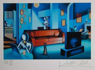 Kostabi Mark spitzen Kunstwerk, farbenprächtiges Blatt, Handy, Couch. Computer - Bild 1 von 2