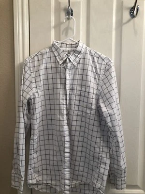 Camisa Oxford Para Hombre UNIQLO Blanca con Gris y Azul Patrón Cuadrado Manga Larga Pequeña Foto 1 de 4