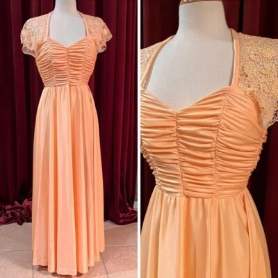 1960s 1970s Vintage Orange Crochet Sheer Sleeve Dress Gown JC Penney Fashion 5/6 - Image 1 of 4