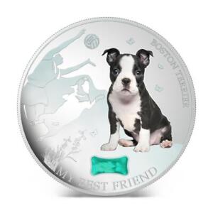 Fiji 2014 2$ "Dogs & Cats" Boston - Terrier 1 Oz Silbermünze mit Edelstein