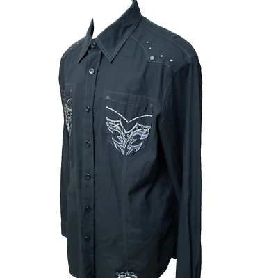 Pepe Jeans London Men' Size XL Solid Black Embroidered Cotton Biker Shirt - Image 1 of 4