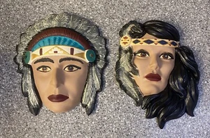 Hand Painted Bisque Native American Indian Face Masks Man Woman Wall Hanging - Picture 1 of 8