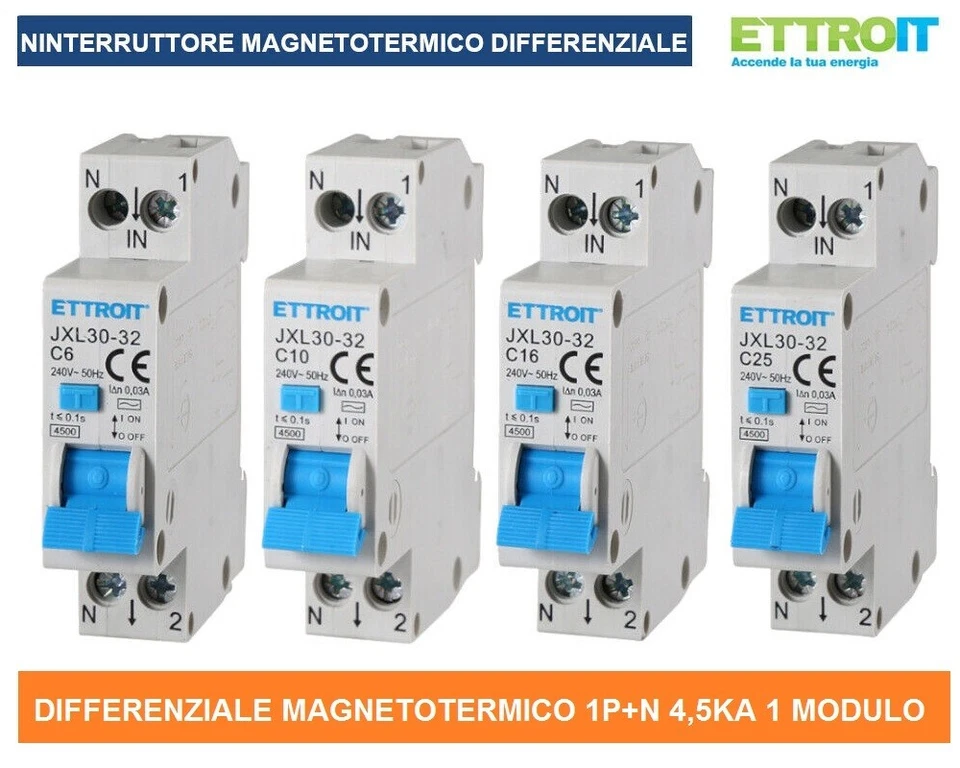 INTERRUTTORE MAGNETOTERMICO DIFFERENZIALE 6A 10A 16A 20A 25A 32A 1P+N 30MA 4,5KA - Immagine 1 di 1