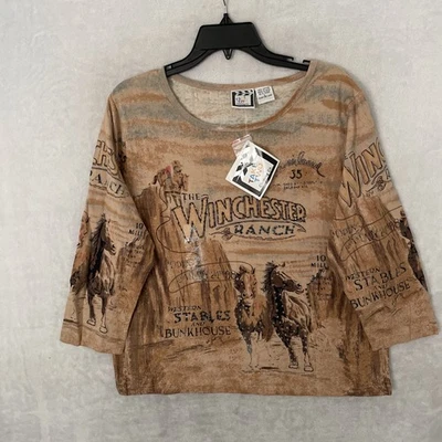 Blusa Top Take Two Mujer Marrón Occidental Cuentas Grande Algodón Cuello Redondo 3/4 Foto 1 de 4