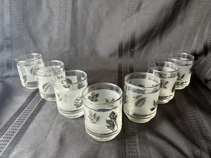 Set of 7 Vintage MCM Libbey Frosted Silver Leaf Rock 3” MCM Glasses 6 oz - Picture 1 of 9
