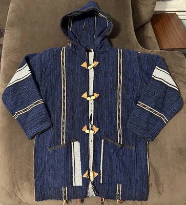 Unisex Navy Blue Striped Moroccan Cashmere Wool Blend Baja Jerga Jacket Hood XL - Image 1 of 4