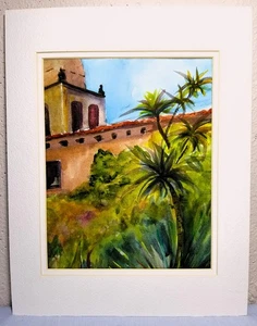 Carmel Mission Garden Aquarell, Sunlit Sanctuary - mattiert 14x9", unsigniert - Bild 1 von 4
