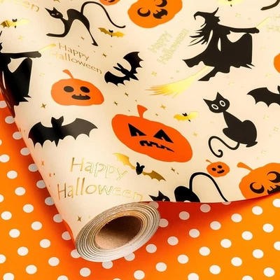 Burymento Reversible Halloween 17 pulgadas x 32,8 pies, Naranja Calabaza Bruja Sombrero  Foto 1 de 4