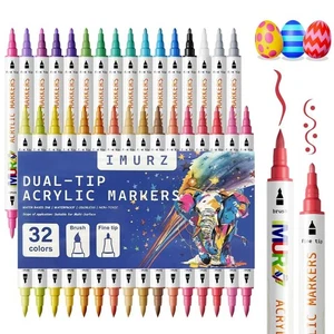32 Dual Tip Colouring Pens - Multi-Surface Acrylic Paint Markers - Picture 1 of 6