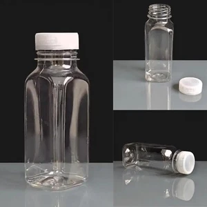 250ml Square Plastic Fruit Juice Smoothie Bottle + White Caps 8oz | Reusable - Picture 1 of 10