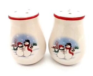 Ceramic Salt And Pepper Shakers Snowman Snowwoman Band of Red Christmas Winter - Picture 1 of 8