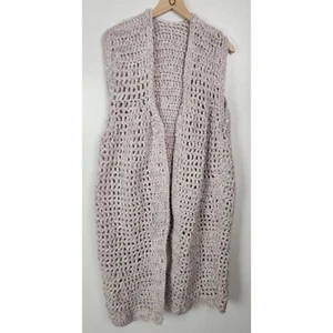 Handmade Women's Sz. L Crochet Lavender & White Sleeveless Duster Cardigan - Picture 1 of 8