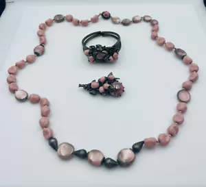 Miriam Haskell Vintage Silver Pink Glass Strawberry Necklace Bracelet & Pin Set - Picture 1 of 12