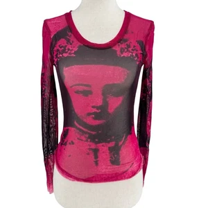 IKKS Vintage Mesh Top Womens Size SM Pink Empress RARE Long Sleeve 90s Y2K - Picture 1 of 12