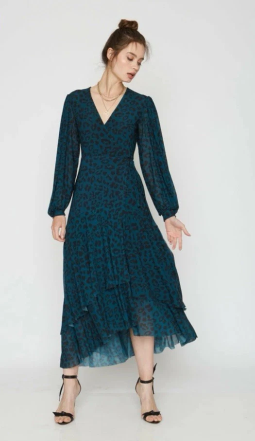 Caballero Moon Maxi Dress Medium Wrap Long Green Black Vneck Flowy Boho Leopard - Image 1 of 4