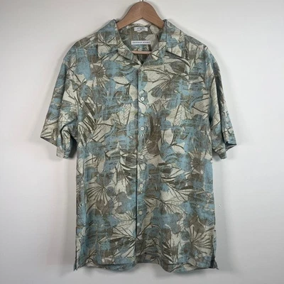 Camisa Geoffrey Beene Abotonada 100% Seda Floral Hawaiana Beige Verde Talla M Foto 1 de 4