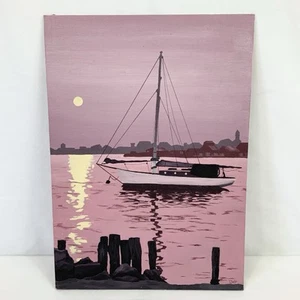 VTG Signed Original Acrylic Nautical Purple Sailboat Canvas Painting 10" x 14" - Picture 1 of 5
