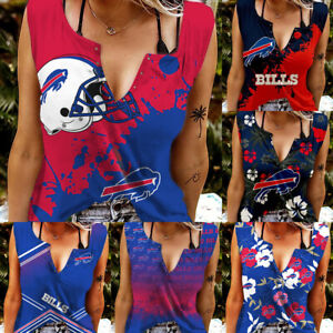 Buffalo Bills Women's V-Neck Vest T-Shirts Casual Ring Hole Tank Tops Sleeveless
