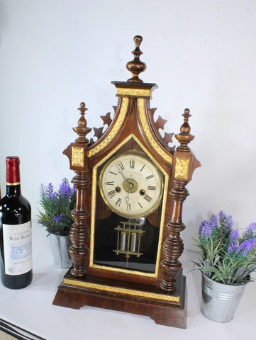 Antique wood carved JUNGHANS mantel table clock 19thc Cover