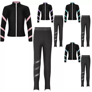 Kids Girls Outfit Hip-Hop Tops Stand Collar Set Suit Vest Long Sleeve Pant Gym - Picture 1 of 44