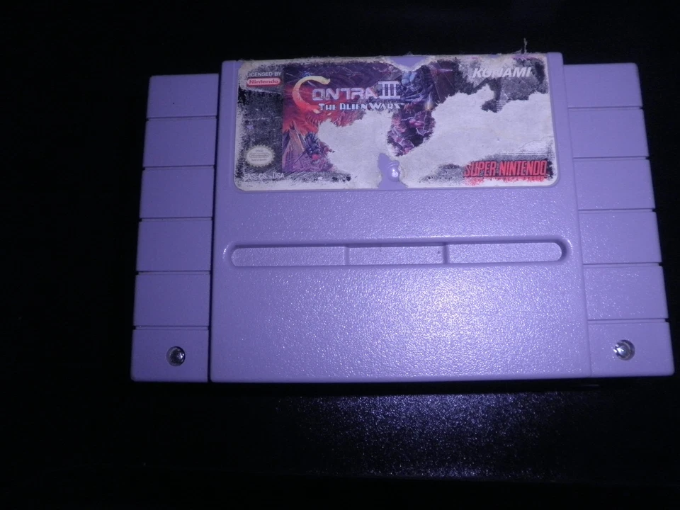 super nintendo SNES - contra III 3 - cart - ntsc label damage - Image 1 of 1