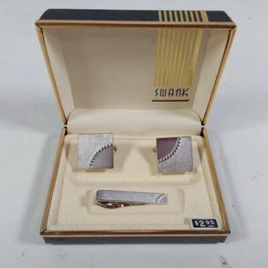 Vintage Swank Square Cufflinks And Tie Clip Silver Tone  - Picture 1 of 6