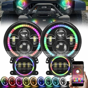 7" Inch RGB LED Halo Headlights 4" Fog Lights Combo Kit For Jeep Wrangler JK JKU - Picture 1 of 11