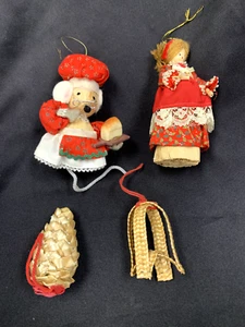 Vintage Corn Husk Christmas Tree Ornaments Mouse Bell Lady Pinecone Set of 4 - Picture 1 of 17
