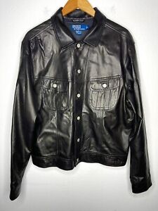 Polo Ralph Lauren Large Black Leather Trucker Jacket Oil RRL Coat VTG Soft Shirt