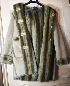 Women Dennis Basso Tan Faux Suede Leather Fur Coat M Size Reversible Hooded - Picture 1 of 9