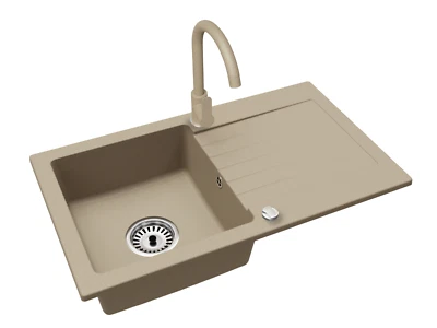 BRADO Beige LEON-Granitspüle mit Küchenarmatur und automatischem Siphon in chrom