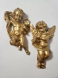 Antique Chalkware Gold Angel Cherub Set of 2 Beautiful - Picture 1 of 6